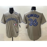 Men's Toronto Blue Jays #36 Davis Schneider Gray 2025 World Series Cool Base Stitched Baseball Jersey Men's Toronto Blue Jays #36 Davis Schneider Gray 2025 World Series Cool Base Stitched Baseball Jersey