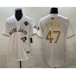 Men's Toronto Blue Jays #47 Addison Barger White Gold 2025 American League Champions Limited Stitched Jersey Men's Toronto Blue Jays #47 Addison Barger White Gold 2025 American League Champions Limited Stitched Jersey