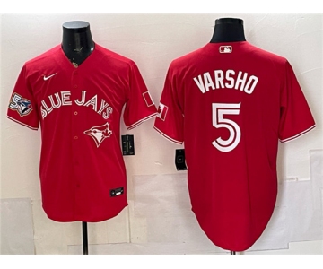 Men's Toronto Blue Jays #5 Daulton Varsho Red 50 Seasons Patch Stitched Baseball Jersey