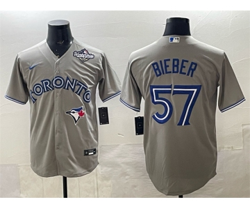 Men's Toronto Blue Jays #57 Shane Bieber Grey 2025 World Series Cool Base Stitched Baseball Jersey