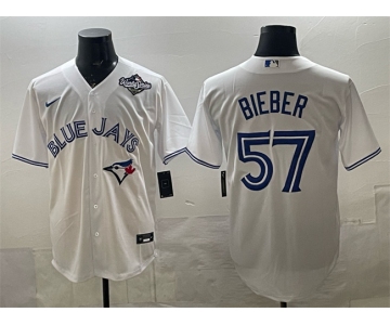 Men's Toronto Blue Jays #57 Shane Bieber White 2025 World Series Home Cool Base Stitched Baseball Jersey