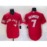 Men's Toronto Blue Jays #7 Kazuma Okamoto Red 50 Seasons Patch Stitched Baseball Jersey Men's Toronto Blue Jays #7 Kazuma Okamoto Red 50 Seasons Patch Stitched Baseball Jersey