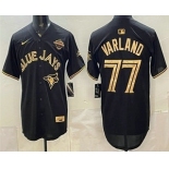 Men's Toronto Blue Jays #77 Louis Varland Black Gold 2025 American League Champions Limited Jersey Men's Toronto Blue Jays #77 Louis Varland Black Gold 2025 American League Champions Limited Jersey