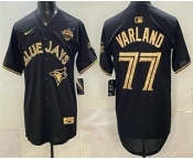Men's Toronto Blue Jays #77 Louis Varland Black Gold 2025 American League Champions Limited Jersey Men's Toronto Blue Jays #77 Louis Varland Black Gold 2025 American League Champions Limited Jersey