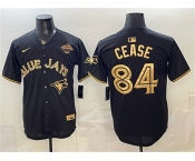 Men's Toronto Blue Jays #84 Dylan Cease Black Gold 2025 American League Champions Limited Stitched Baseball Jersey Men's Toronto Blue Jays #84 Dylan Cease Black Gold 2025 American League Champions Limited Stitched Baseball Jersey