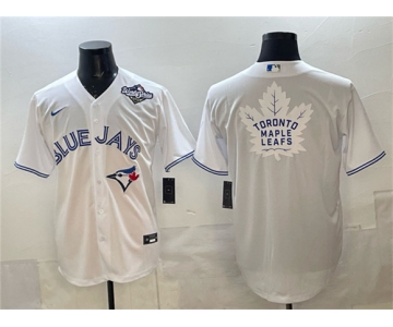 Men's Toronto Blue Jays & Leafs White 2025 World Series With White Leafs Logo Cool Base Stitched Baseball Jersey