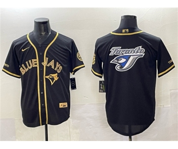 Men's Toronto Blue Jays Team Big Logo Black Gold Cool Base Stitched Jersey