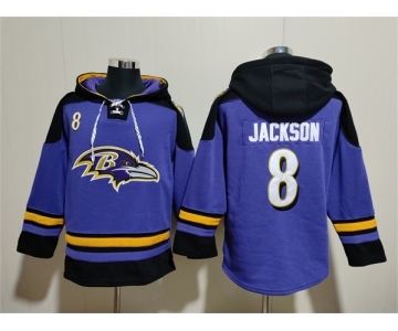 Men's Baltimore Ravens #8 Lamar Jackson Ageless Must-Have Lace-Up Pullover Hoodie