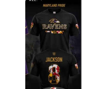 Baltimore Ravens #8 Lamar Jackson Black Gold  Name  T-Shirt
