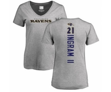Football Women's Baltimore Ravens #21 Mark Ingram II Ash Backer V-Neck T-Shirt