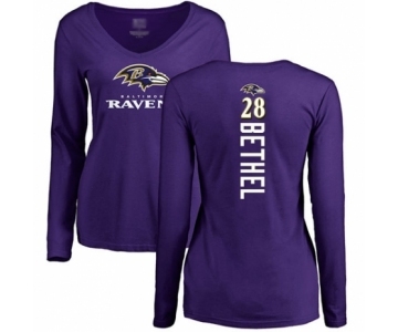 Football Women's Baltimore Ravens #28 Justin Bethel Purple Backer Long Sleeve T-Shirt