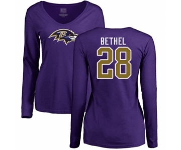 Football Women's Baltimore Ravens #28 Justin Bethel Purple Name & Number Logo Long Sleeve T-Shirt