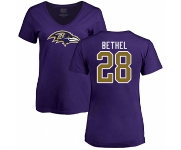 Football Women's Baltimore Ravens #28 Justin Bethel Purple Name & Number Logo T-Shirt
