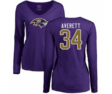 Football Women's Baltimore Ravens #34 Anthony Averett Purple Name & Number Logo Long Sleeve T-Shirt