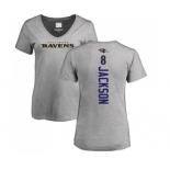NFL Women's Nike Baltimore Ravens #8 Lamar Jackson Ash Backer V-Neck T-Shirt