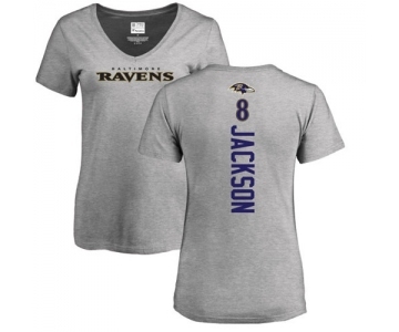 NFL Women's Nike Baltimore Ravens #8 Lamar Jackson Ash Backer V-Neck T-Shirt