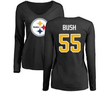 Women's Pittsburgh Steelers #55 Devin Bush Black Name & Number Logo Slim Fit Long Sleeve T-Shirt