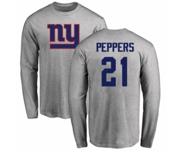 Football New York Giants #21 Jabrill Peppers Ash Name & Number Logo Long Sleeve T-Shirt