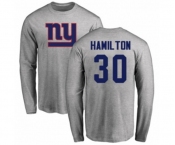 Football New York Giants #30 Antonio Hamilton Ash Name & Number Logo Long Sleeve T-Shirt