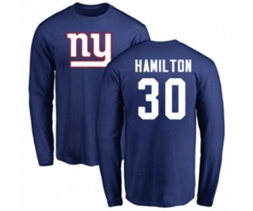 Football New York Giants #30 Antonio Hamilton Royal Blue Name & Number Logo Long Sleeve T-Shirt