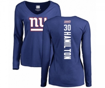 Football Women's New York Giants #30 Antonio Hamilton Royal Blue Backer Long Sleeve T-Shirt