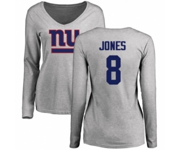 Football Women's New York Giants #8 Daniel Jones Ash Name & Number Logo Long Sleeve T-Shirt