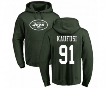 Football New York Jets #91 Bronson Kaufusi Green Name & Number Logo Pullover Hoodie