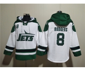 Men's New York Jets #8 Aaron Rodgers White Ageless Must-Have Lace-Up Pullover Hoodie