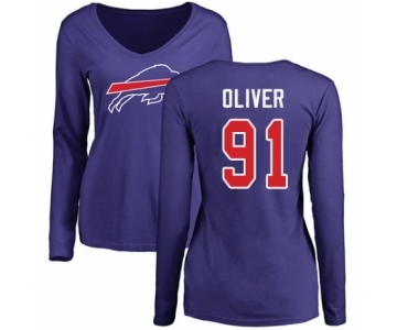 Football Women's Buffalo Bills #91 Ed Oliver Royal Blue Name & Number Logo Long Sleeve T-Shirt