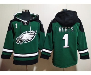 Men's Philadelphia Eagles #1 Jalen Hurts Green Lace-Up Pullover Hoodie