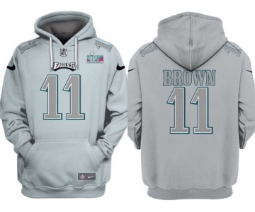 Men's Philadelphia Eagles #11 A.J. Brown Gray Atmosphere Fashion Super Bowl LVII Patch Pullover Hoodie