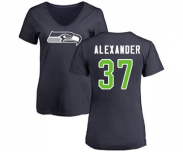 Football Women's Seattle Seahawks #37 Shaun Alexander Navy Blue Name & Number Logo T-Shirt