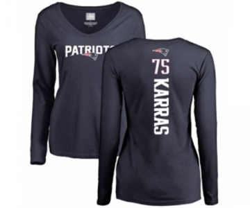 Football Women's New England Patriots #75 Ted Karras Navy Blue Backer Slim Fit Long Sleeve T-Shirt