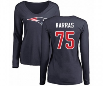 Football Women's New England Patriots #75 Ted Karras Navy Blue Name & Number Logo Slim Fit Long Sleeve T-Shirt