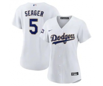 Women's Dodgers #5 Corey Seager White Gold 2021 Gold Program Baseball Jersey