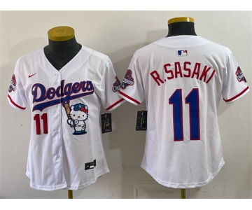 Women's Los Angeles Dodgers #11 Roki Sasaki White Hello Kitty Night 2025 World Series Champions Patch Stitched Baseball Jersey