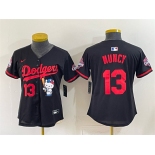 Women's Los Angeles Dodgers #13 Max Muncy Black Hello Kitty Night 2025 World Series Champions Patch Stitched Baseball Jersey Women's Los Angeles Dodgers #13 Max Muncy Black Hello Kitty Night 2025 World Series Champions Patch Stitched Baseball Jersey