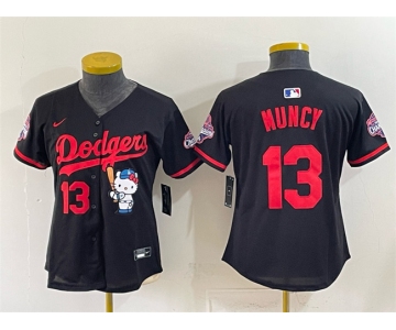 Women's Los Angeles Dodgers #13 Max Muncy Black Hello Kitty Night 2025 World Series Champions Patch Stitched Baseball Jersey