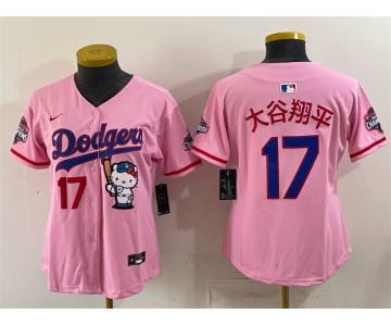 Women's Los Angeles Dodgers #17 大谷翔平 Pink Hello Kitty Night 2025 World Series Champions Patch Stitched Baseball Jersey