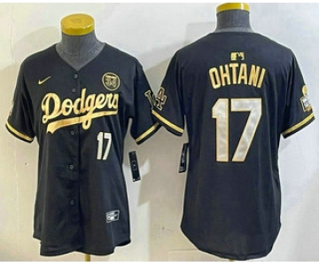Women's Los Angeles Dodgers #17 Shohei Ohtani Black Gold 2024 World Series 34 Patch Stitched Cool Base Jersey