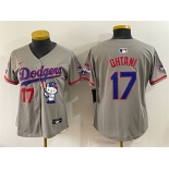 Women's Los Angeles Dodgers #17 Shohei Ohtani Grey Hello Kitty Night 2025 World Series Champions Patch Stitched Baseball Jersey Women's Los Angeles Dodgers #17 Shohei Ohtani Grey Hello Kitty Night 2025 World Series Champions Patch Stitched Baseball Jersey