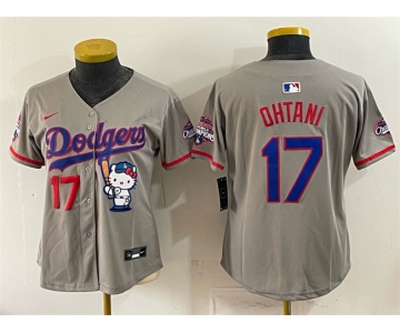 Women's Los Angeles Dodgers #17 Shohei Ohtani Grey Hello Kitty Night 2025 World Series Champions Patch Stitched Baseball Jersey