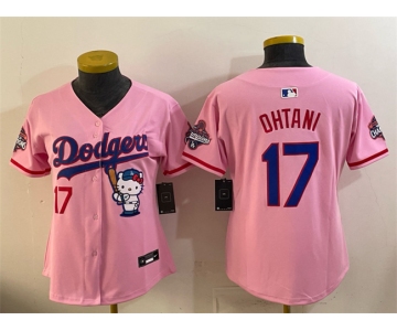 Women's Los Angeles Dodgers #17 Shohei Ohtani Pink Hello Kitty Night 2025 World Series Champions Patch Stitched Baseball Jersey