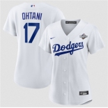 Women's Los Angeles Dodgers #17 Shohei Ohtani White 2025 World Series Home Cool Base Stitched Baseball Jersey Women's Los Angeles Dodgers #17 Shohei Ohtani White 2025 World Series Home Cool Base Stitched Baseball Jersey