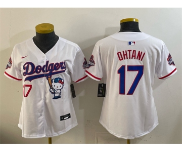 Women's Los Angeles Dodgers #17 Shohei Ohtani White Hello Kitty Night 2025 World Series Champions Patch Stitched Baseball Jersey