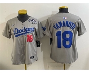Women's Los Angeles Dodgers #18 Yoshinobu Yamamoto Grey 2025 World Series Patch Limited Stitched Baseball Jersey Women's Los Angeles Dodgers #18 Yoshinobu Yamamoto Grey 2025 World Series Patch Limited Stitched Baseball Jersey