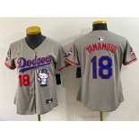 Women's Los Angeles Dodgers #18 Yoshinobu Yamamoto Grey Hello Kitty Night 2025 World Series Champions Patch Stitched Baseball Jersey Women's Los Angeles Dodgers #18 Yoshinobu Yamamoto Grey Hello Kitty Night 2025 World Series Champions Patch Stitched Baseball Jersey