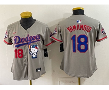 Women's Los Angeles Dodgers #18 Yoshinobu Yamamoto Grey Hello Kitty Night 2025 World Series Champions Patch Stitched Baseball Jersey