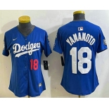 Women's Los Angeles Dodgers #18 Yoshinobu Yamamoto Number Blue 2024 World Series With Fernando 34 Fashion Limited Stitched Jersey