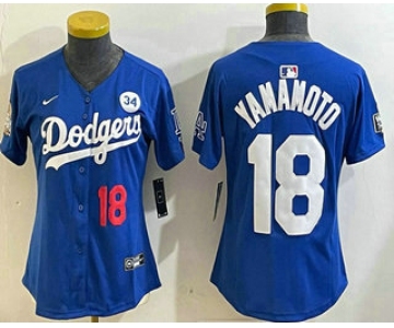 Women's Los Angeles Dodgers #18 Yoshinobu Yamamoto Number Blue 2024 World Series With Fernando 34 Fashion Limited Stitched Jerseys